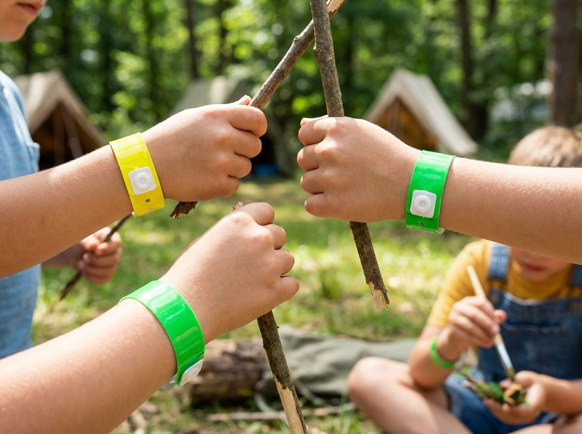 Colored Tyvek wristbands for a camping mini-club, worn by children taking part in an outdoor activity