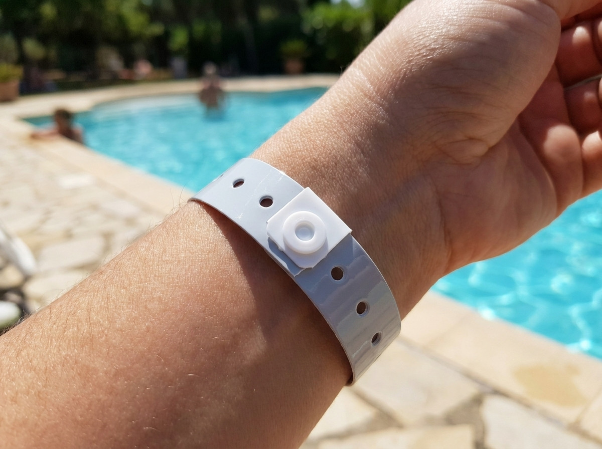 Discreet Tyvek wristband worn on the wrist in a sunny naturist environment, poolside