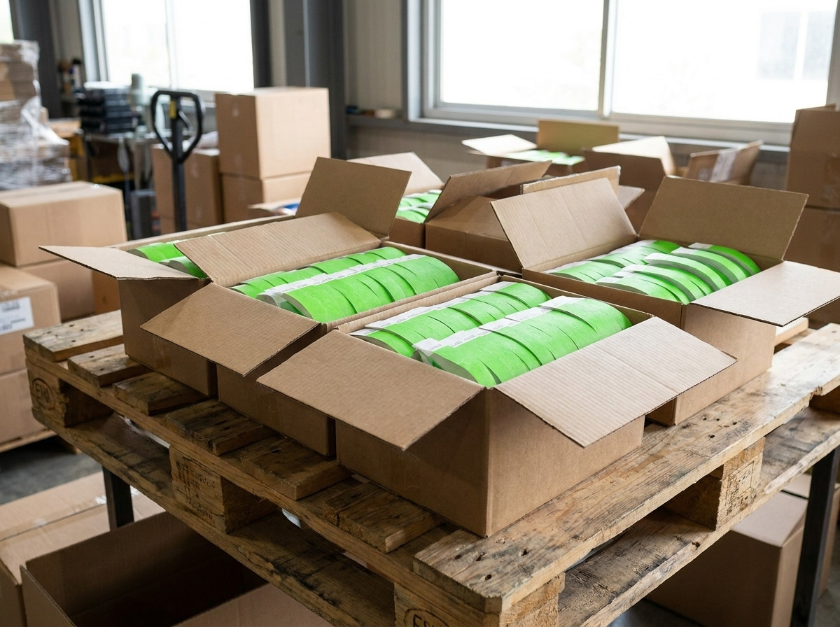 Boxes of Tyvek festival wristbands ready for shipping with DHL Express labels illustrating fast 24-hour delivery for urgent events