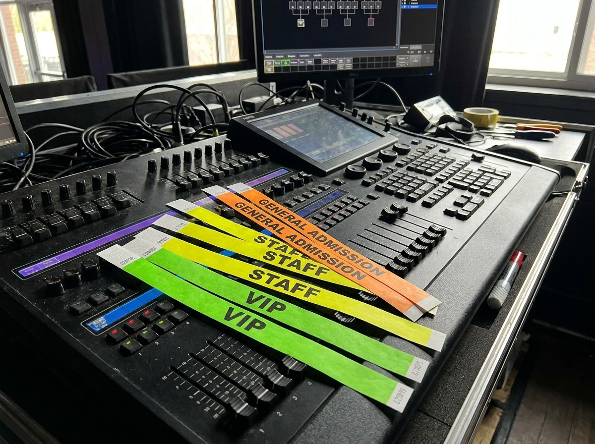 Personalized Tyvek concert wristbands in different colors for VIP, staff and general public, placed on a lighting desk backstage
