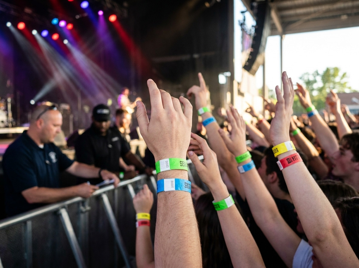 Colored ID wristbands worn by pit-area concert attendees, with security staff checking access in the background