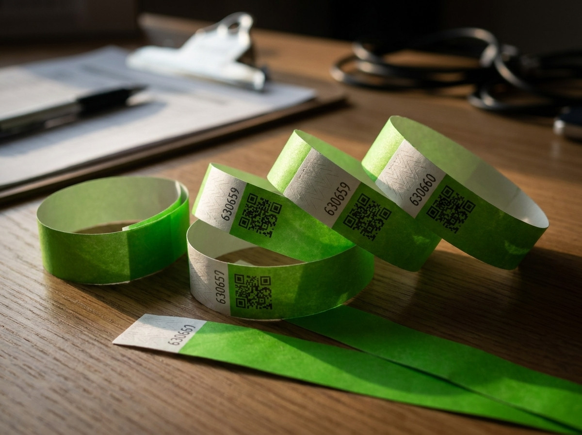 Personalized Tyvek access control wristbands with QR codes and sequential numbering, placed on an event control table