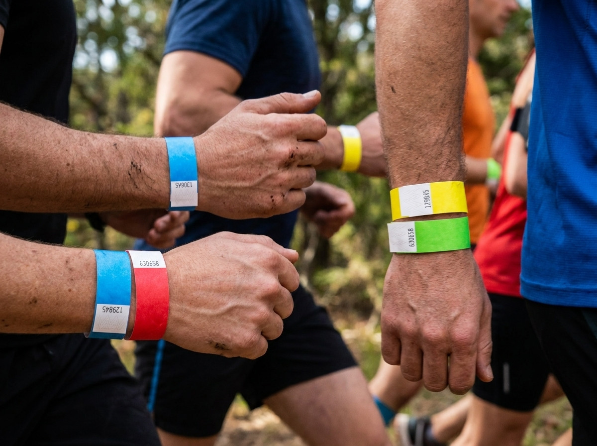 Runners wearing colored Tyvek wristbands during a marathon, with volunteers at a refreshment station checking category colors