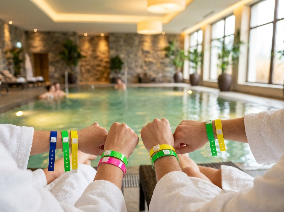 Coloured vinyl wristbands worn on the wrists of guests in a hotel spa area with an indoor pool and dimmed lighting