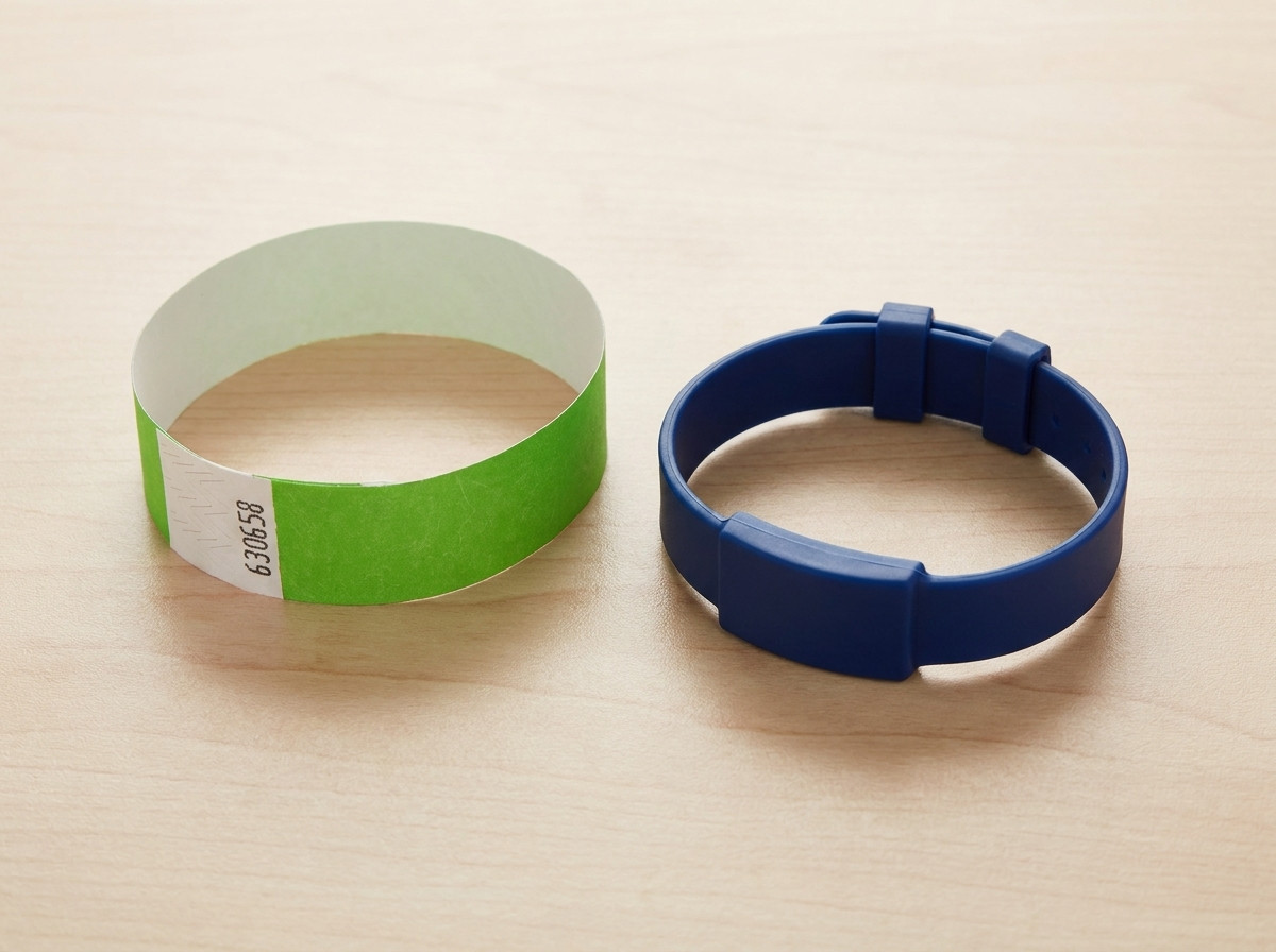 Photo comparing a disposable Tyvek wristband and a reusable rigid plastic wristband placed side by side on a table