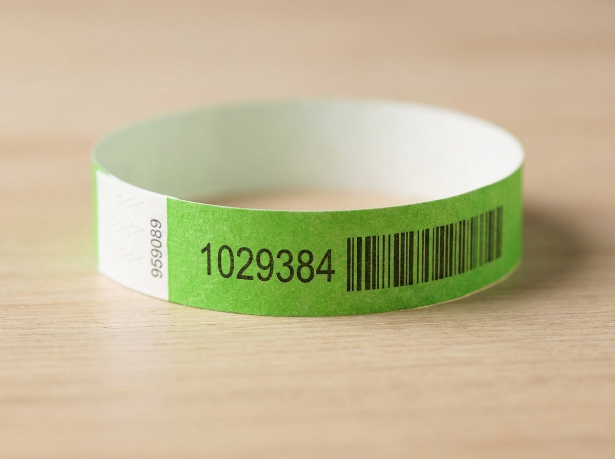 Close-up of a Tyvek wristband with a printed sequential number and barcode, placed on an event welcome table