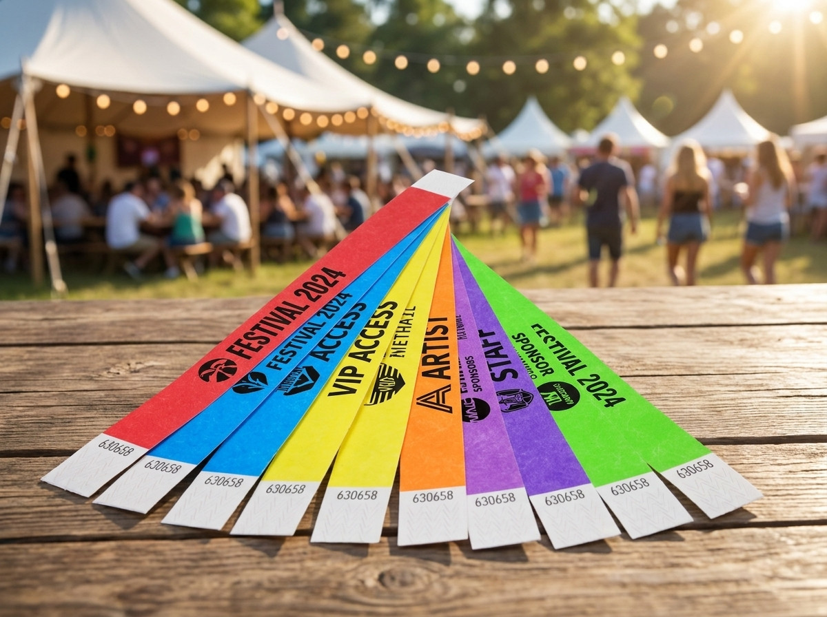 Custom coloured Tyvek wristbands with logo and text for a festival