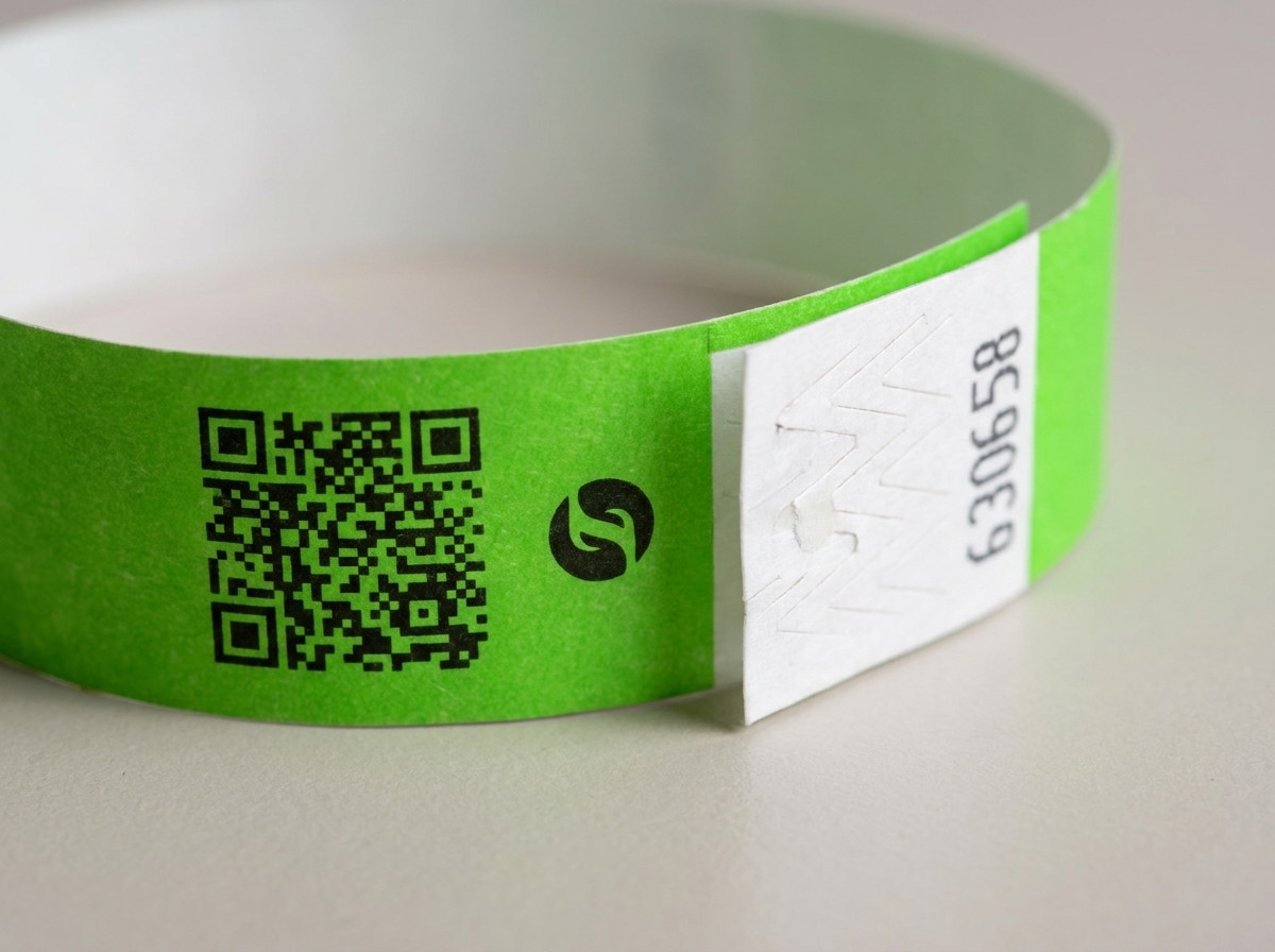 Close-up of a ID wristband with a QR code and logo printed in high definition