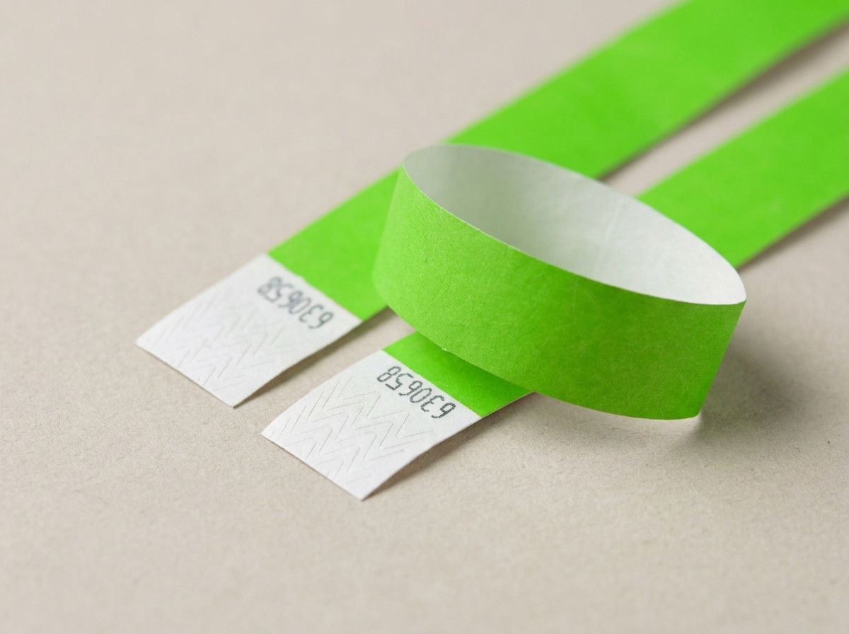 Side-by-side comparison of a crumpled paper wristband after a day of wear and a Tyvek wristband still intact