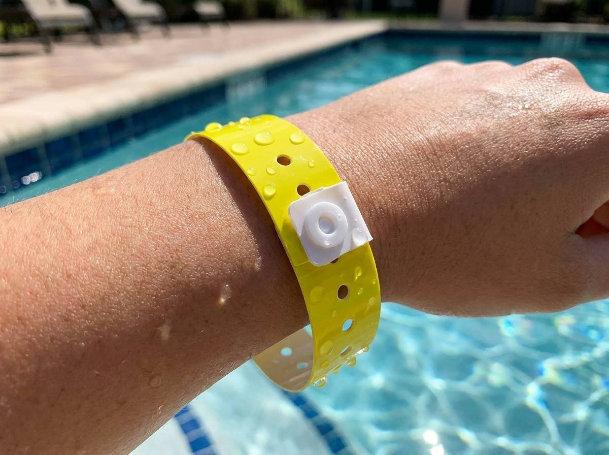 Close-up of a waterproof vinyl wristband worn on a childs wrist beside a pool, with a phone number clearly printed