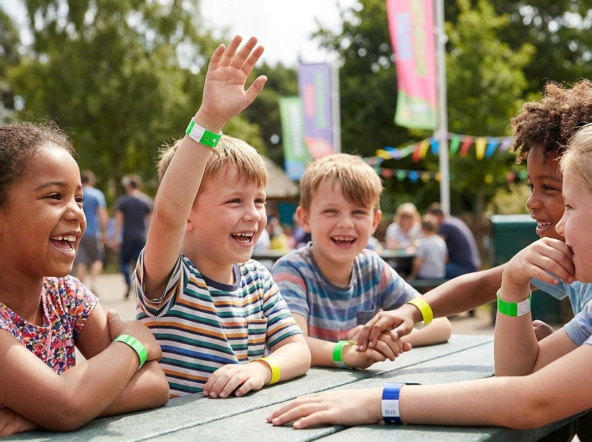 Children wearing coloured vinyl wristbands at the entrance of a slide in a large sunny water park