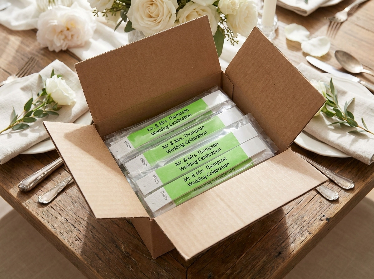 Open delivery box revealing packets of custom wedding wristbands ready to be handed out to guests
