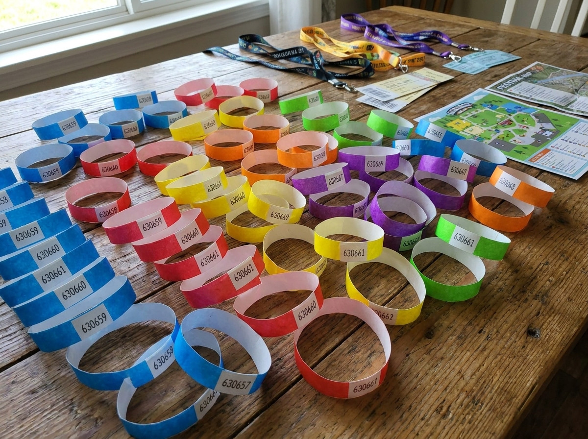 Colored tamper-proof security wristbands prepared for a large festival, showing tamper-evident closures and printed sequential numbering