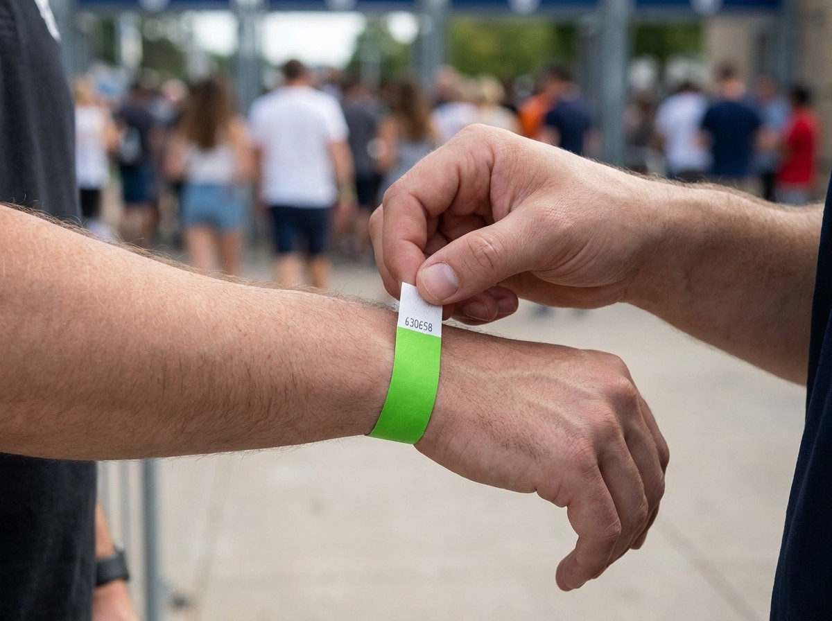 A security agent checking tamper-proof ID wristbands at the entrance of a large outdoor festival, crowd visible in the background