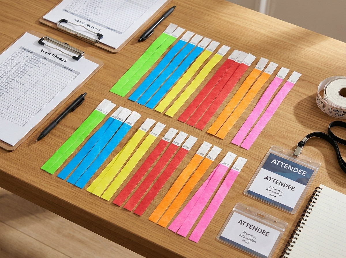 Overview of an access control check at the entrance of a large festival with agents verifying coloured Tyvek wristbands on attendees wrists