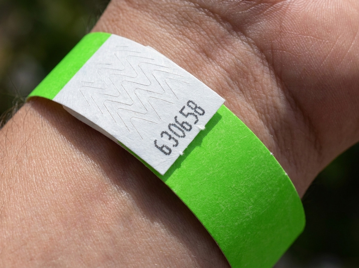Close-up of the tamper-evident anti-transfer closure of a numbered ID wristband illustrating resistance to tampering and reuse