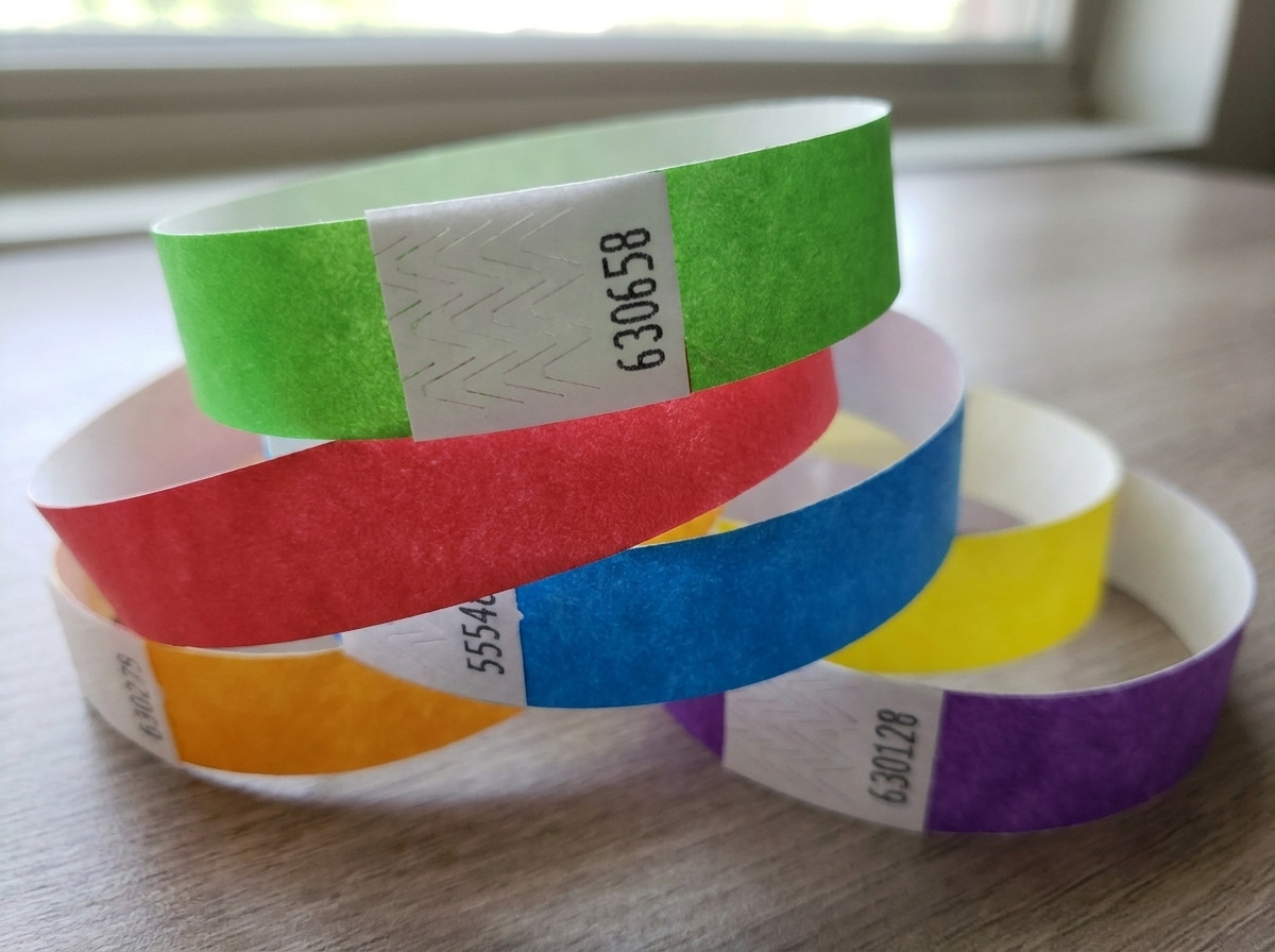 Colored tamper-proof ID wristbands with anti-transfer closure for a large secured event
