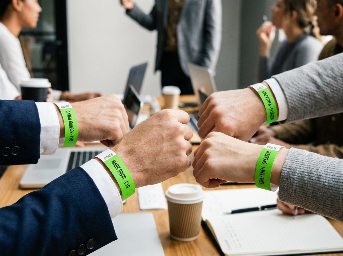 Personalized ID wristbands for a professional conference, with name and title printed in high definition, worn on the wrists of attendees at a congress
