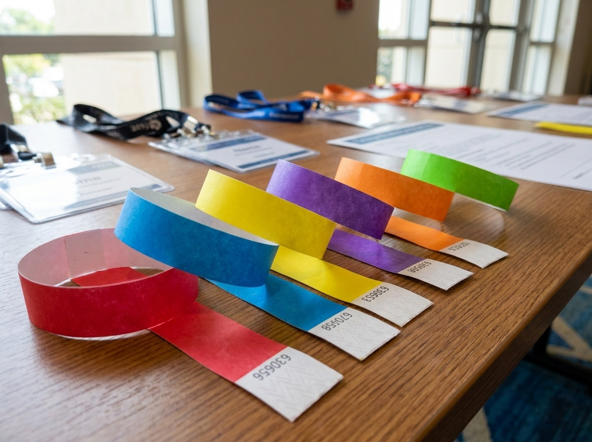 Personalized ID wristbands arranged on a badge table at a multi-day professional congress, with distinct logos and color codes by pass type
