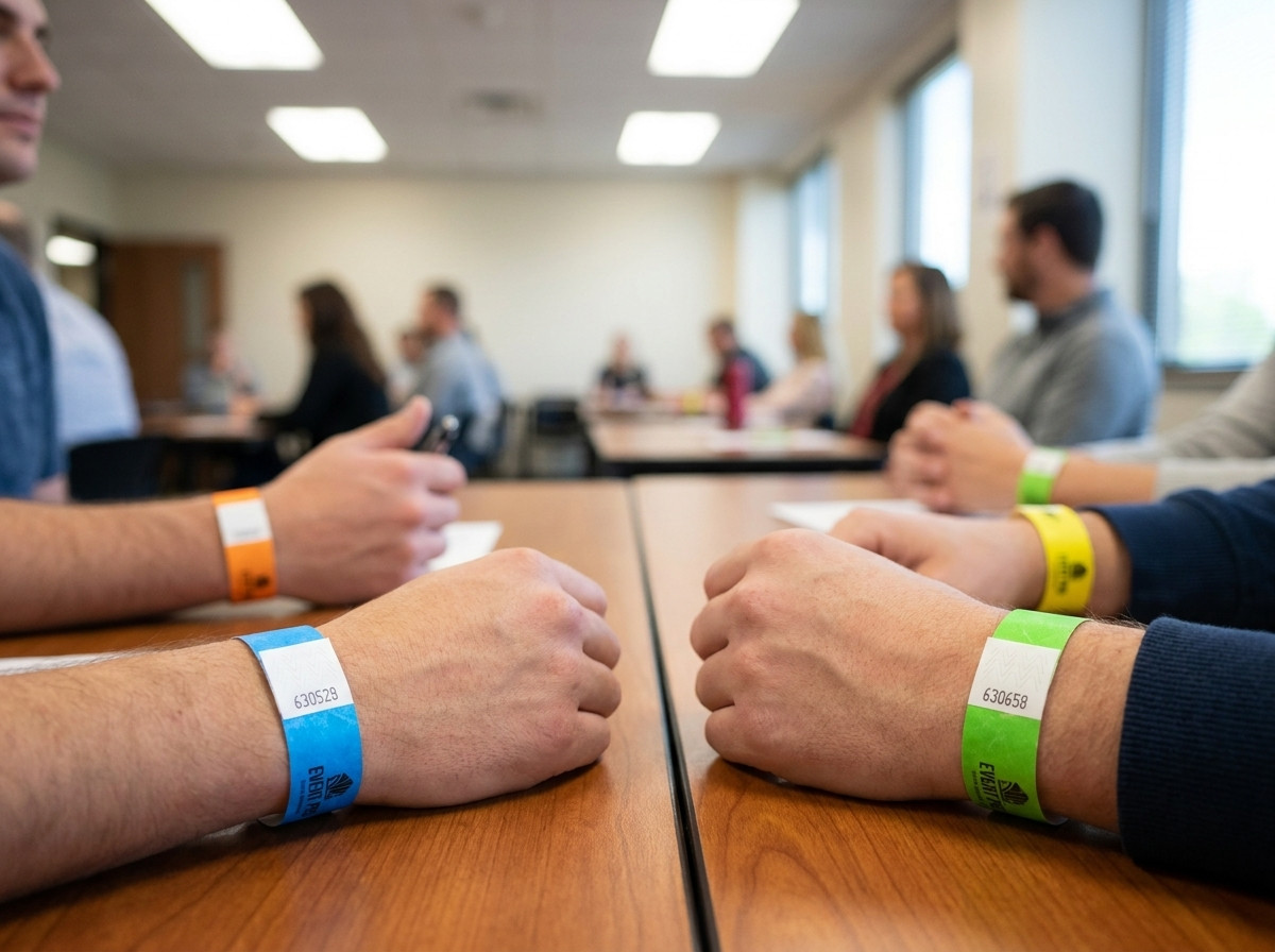 Colored Tyvek wristbands worn by candidates seated at training tables indoors, with visible logo and sequential numbering
