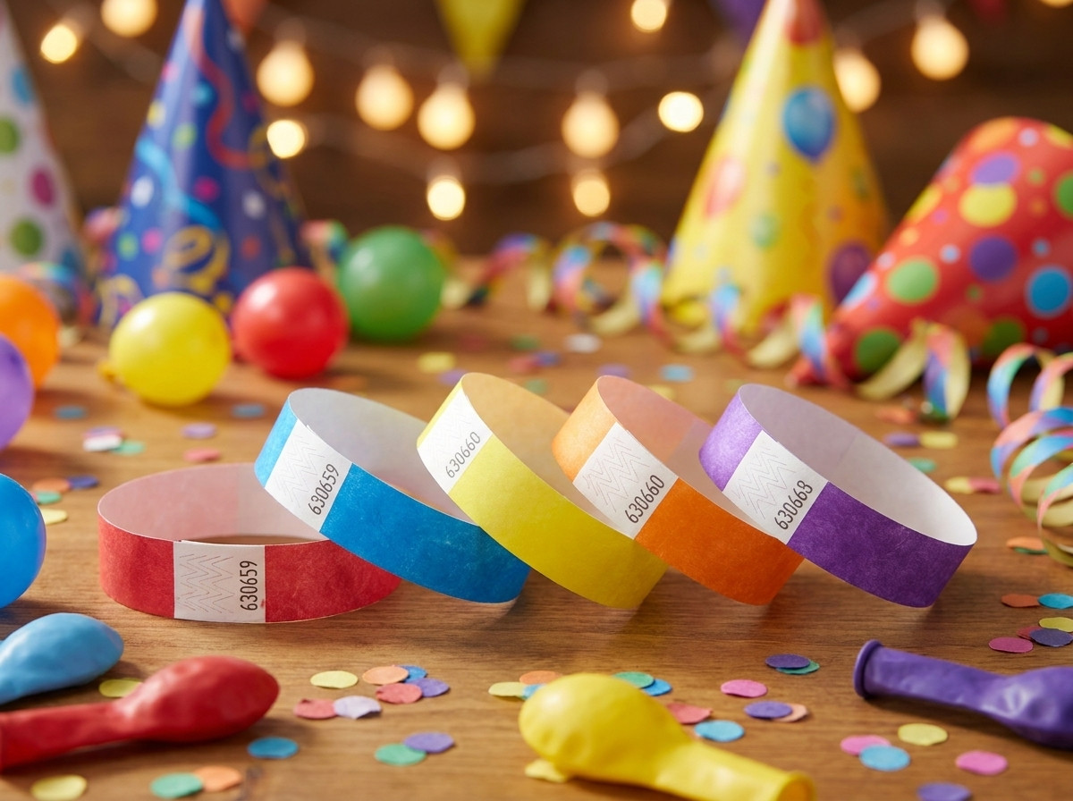 Personalized colored Tyvek party wristbands with HD printing, placed on a table with festive decorations