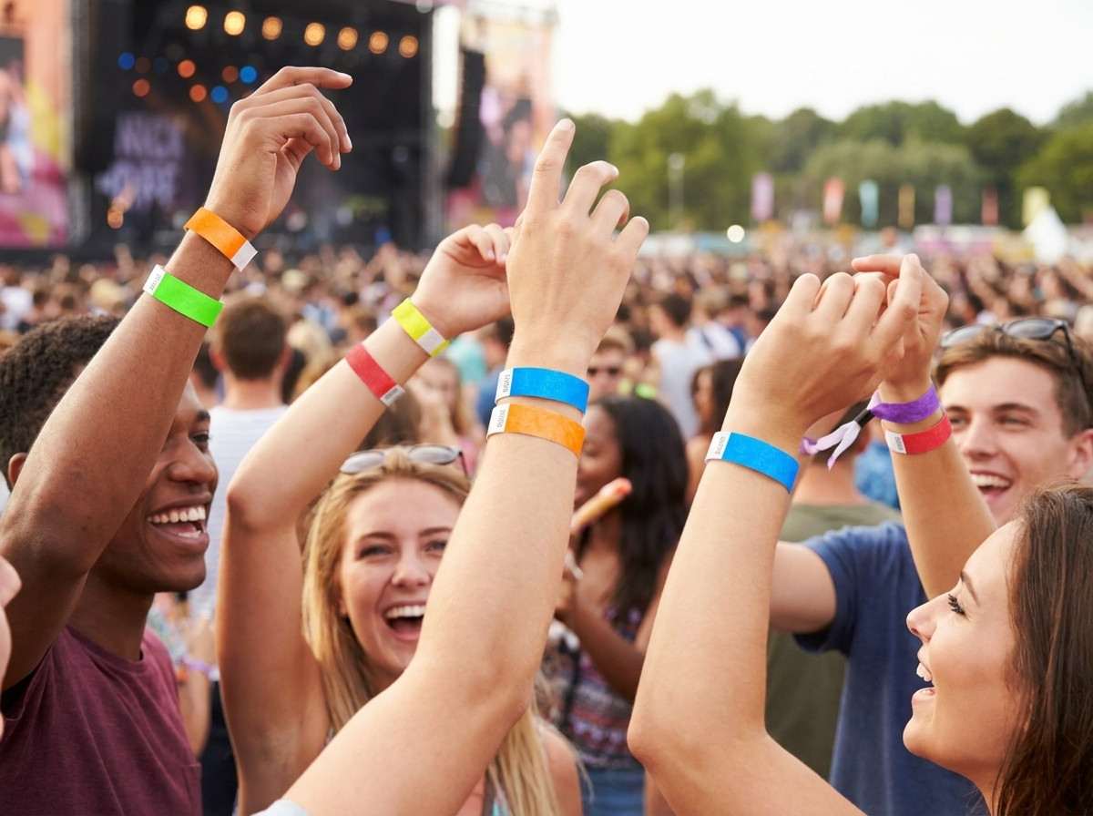 Coloured Tyvek wristbands worn by festival-goers at an outdoor concert, illustrating their durability and comfort