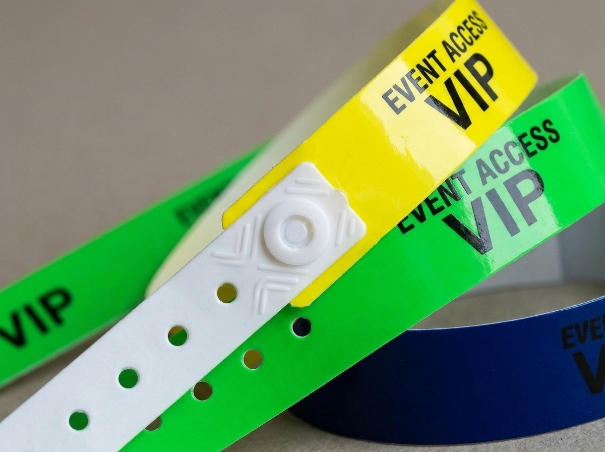 Colourful vinyl PVC wristbands with a plastic snap closure, showing the durable plastic material